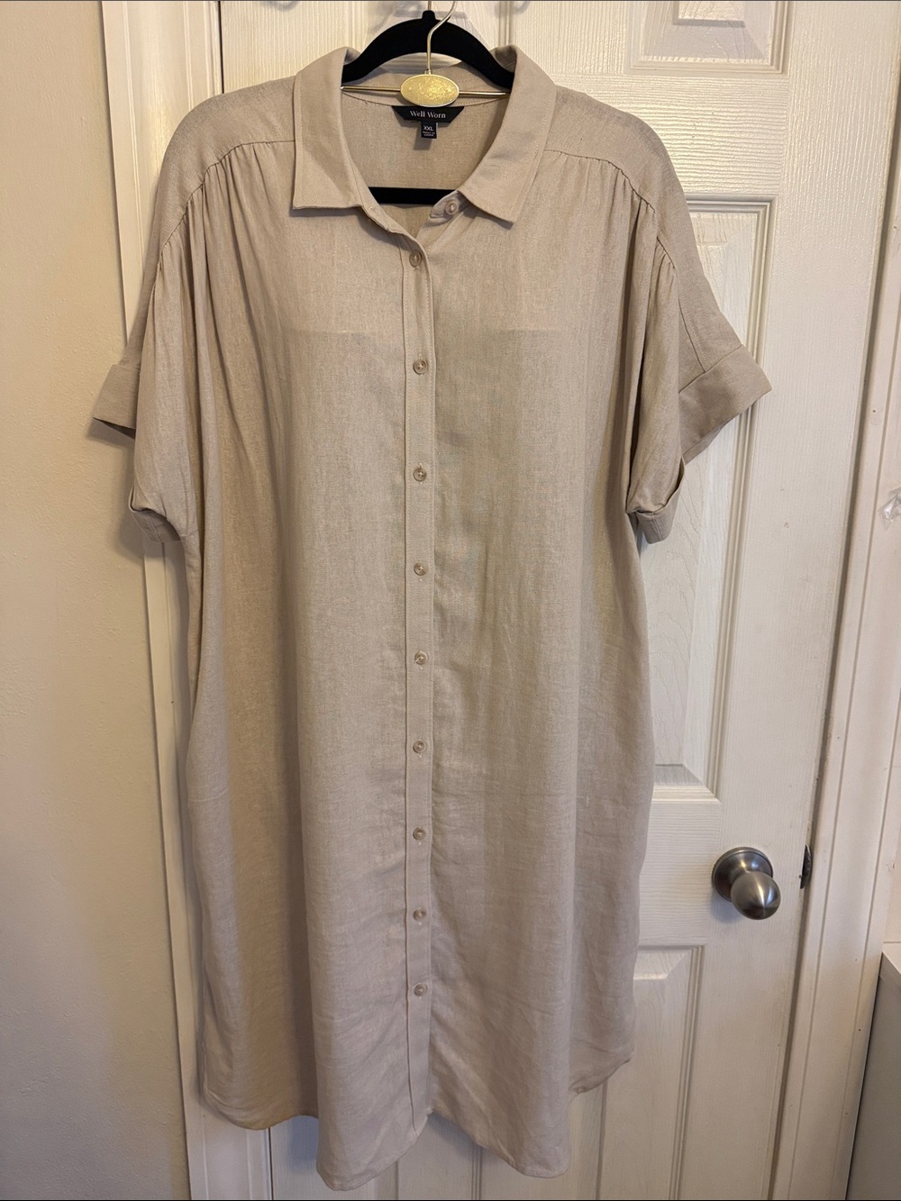 Well Worn Beige Button-Front Midi Dress Linen Blend